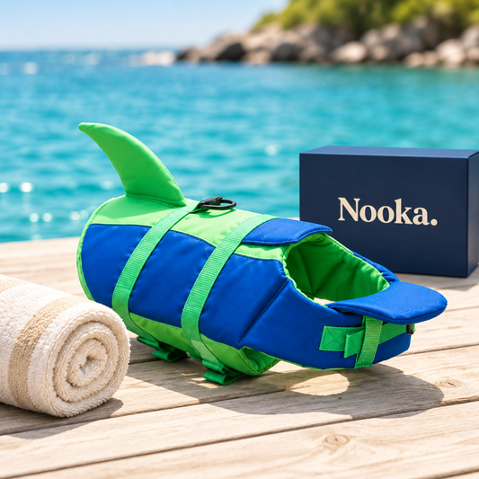 Nooka dog life jacket on a jetty