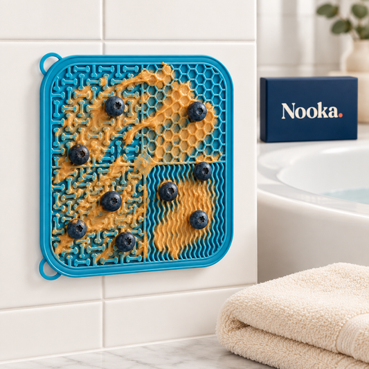 Nooka dog lick mat on bathroom tiles