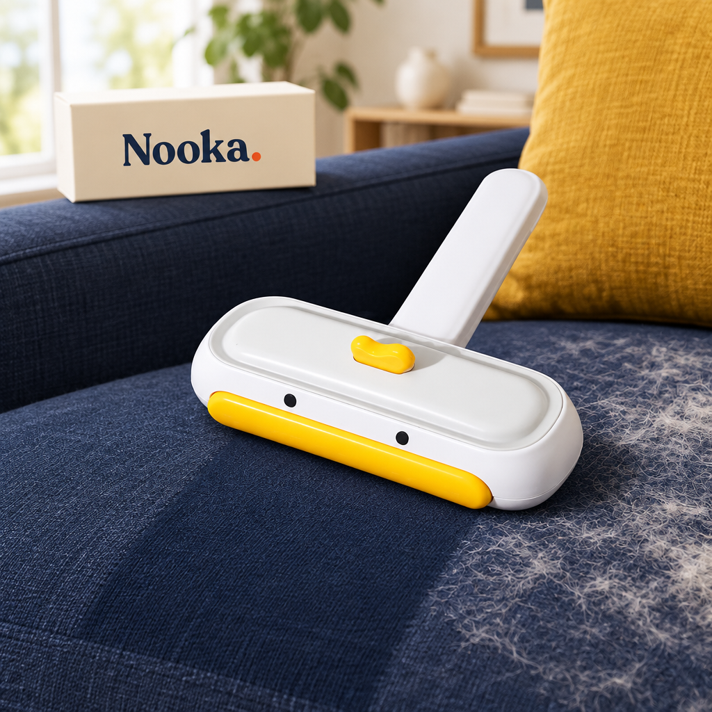 Nooka reusable pet hair remover roller on sofa