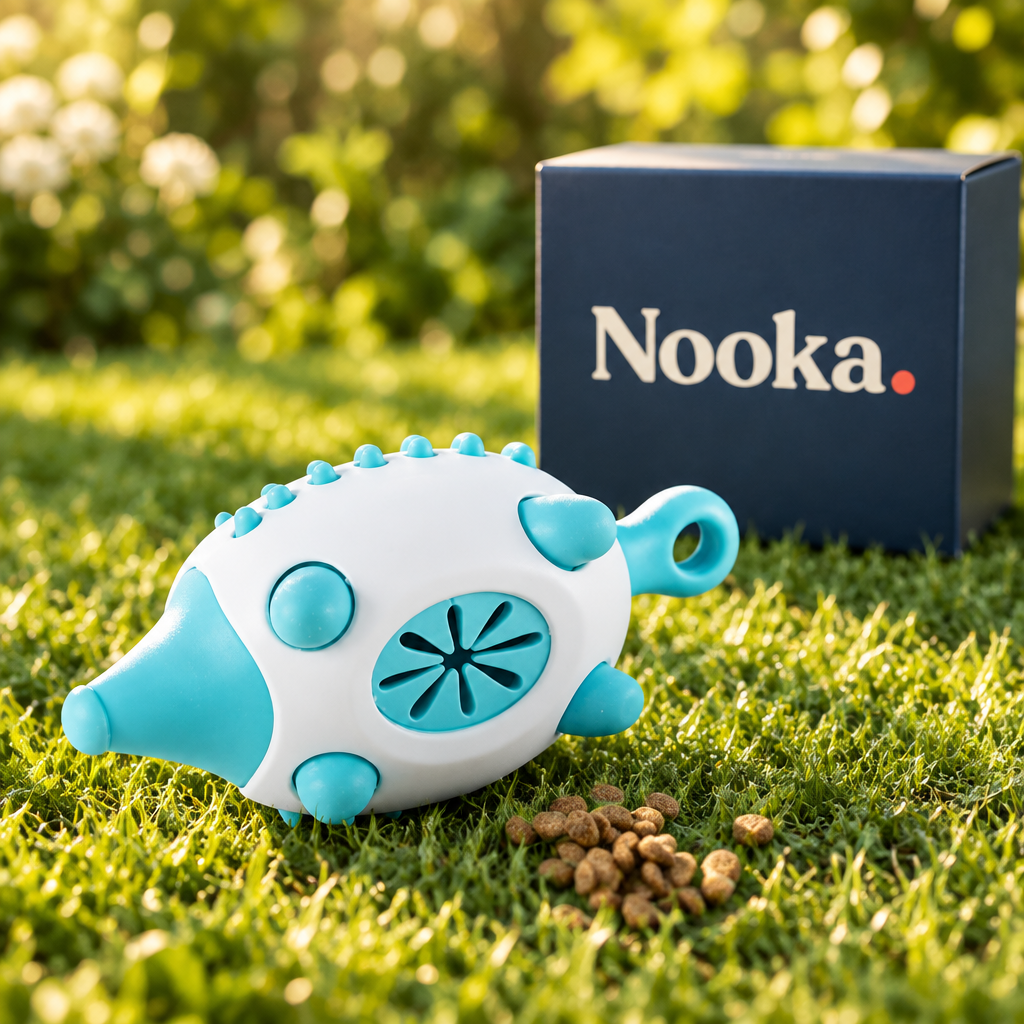 Nooka dog treat dispensing ball on lawn