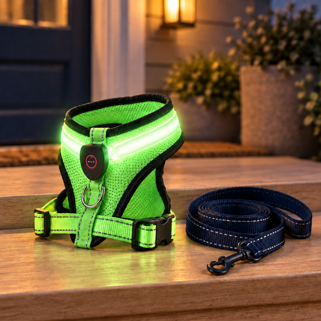 Rechargeable LED dog harness glowing at dusk