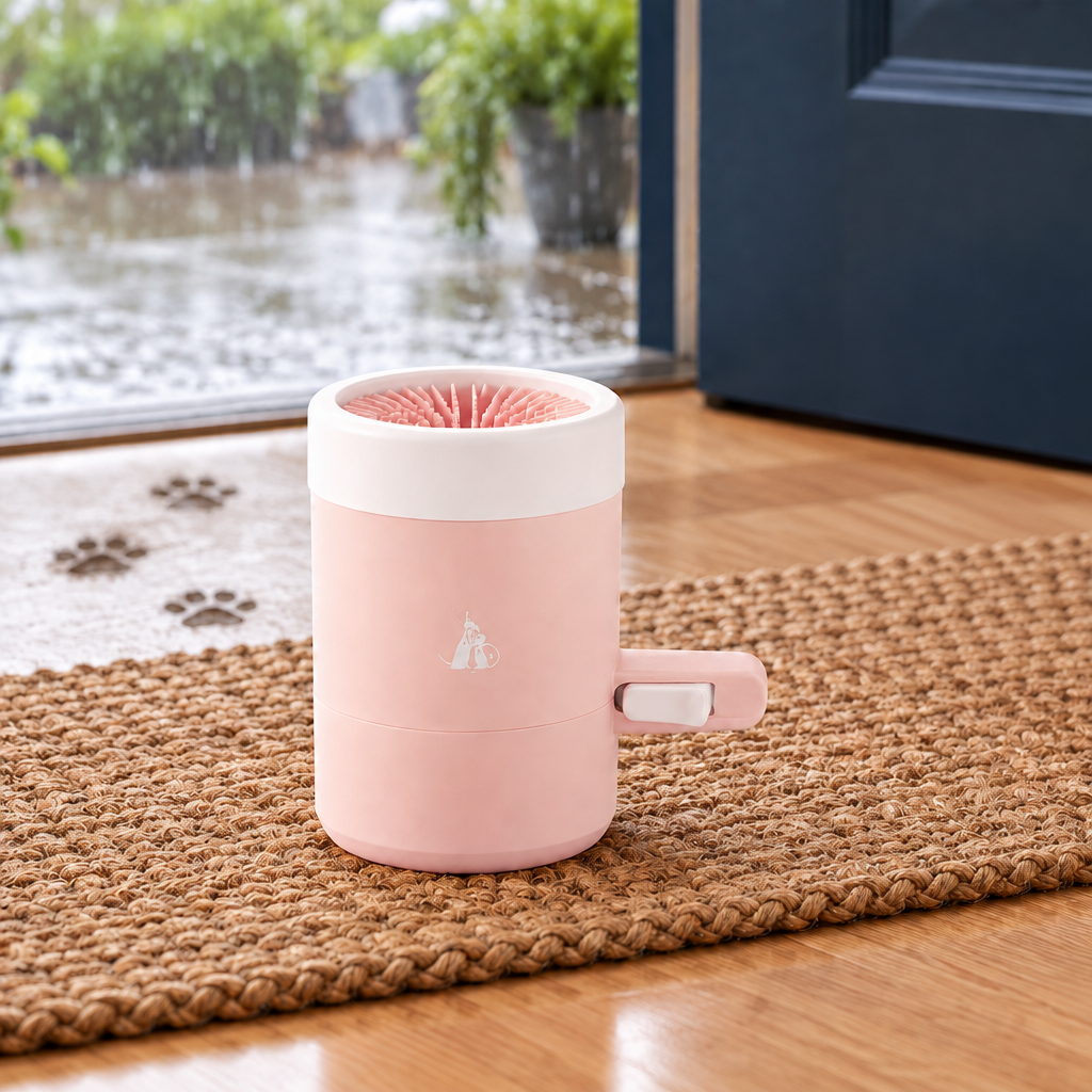 Rotating paw cleaner cup at front door