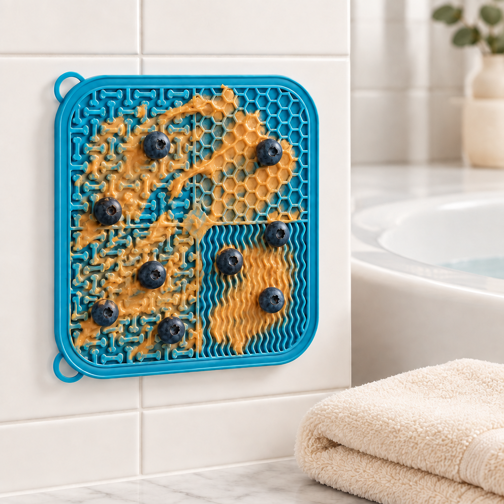 Dog lick mat on bathroom tiles