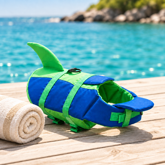 Dog life jacket on a jetty