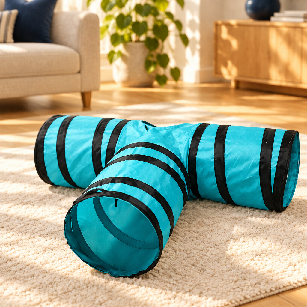 Collapsible cat tunnel in living room
