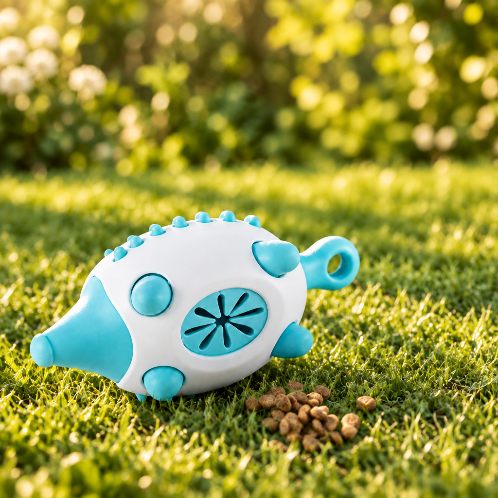 Dog treat dispensing ball on lawn