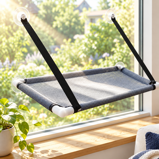 Cat window hammock mounted on a sunny window