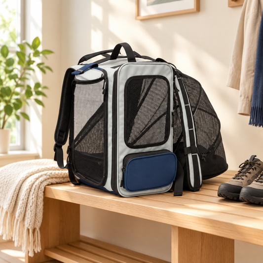 Breathable pet backpack carrier on an entryway bench
