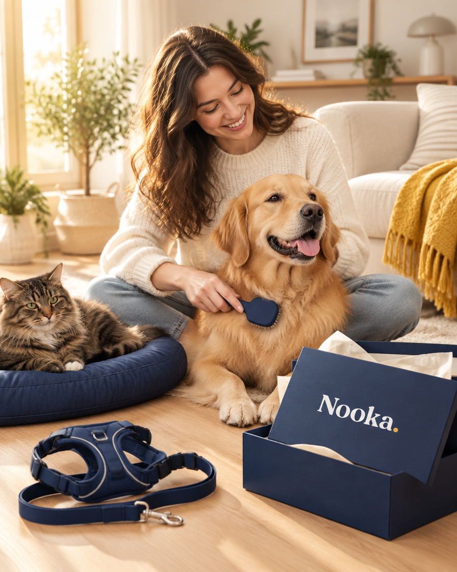 Pet parent brushing a golden retriever at home with Nooka essentials